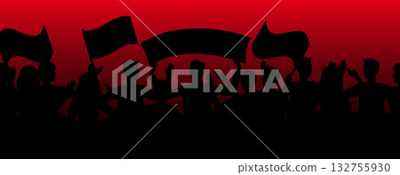 Silhouette crowd with flags on red background Silhouette crowd with flags on red background 132755930