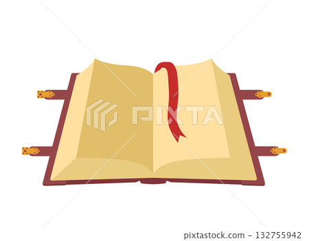 Open medieval magic book with red bookmark for historical fantasy Open medieval magic book with red bookmark for historical fantasy 132755942