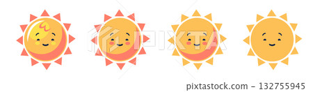 Cheerful summer frame with cute cartoon suns 132755945