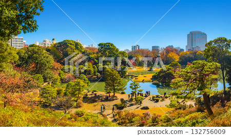 Panoramic view of a Japanese garden in autumn and city buildings from a hilltop (Rikugien Garden, Bunkyo Ward, Tokyo) Panoramic view of a Japanese garden in autumn and city buildings from a hilltop (Rikugien Garden, Bunkyo Ward, Tokyo) 132756009