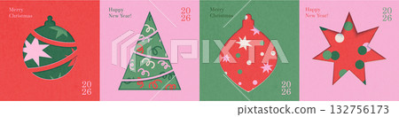 Merry Christmas greeting square cards set. Christmas and new year cover templates clip art with paper texture with cut out decoration elements like star, pine tree and xmas ball with patterns. Vector Merry Christmas greeting square cards set. Christmas and new year cover templates clip art with paper texture with cut out decoration elements like star, pine tree and xmas ball with patterns. Vector 132756173