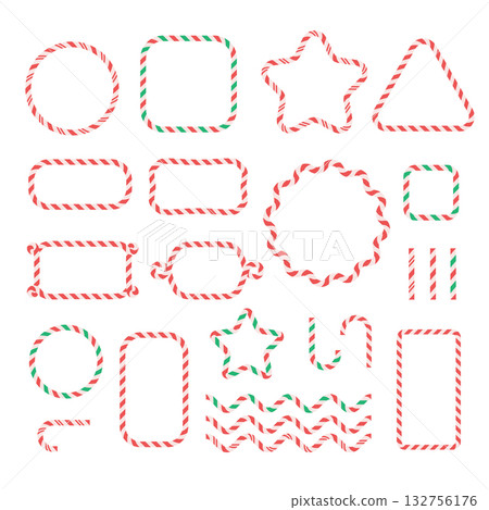 Flat festive candy cane frames and borders set. Red, green and white swirl lollipops, peppermint holiday oval, circle, star frames for merry Christmas invitations vector design. 132756176