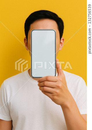 Man covering face with smartphone mockup against vibrant yellow background Man covering face with smartphone mockup against vibrant yellow background 132756539