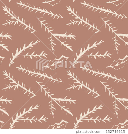 Seamless pattern with fir and holly branches on warm brown background creating cozy natural winter texture Seamless pattern with fir and holly branches on warm brown background creating cozy natural winter texture 132756615