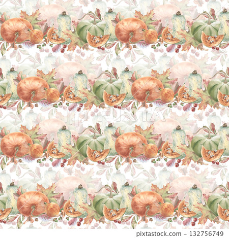 Watercolor seamless autumn harvest horizontal pattern. Variety pumpkins, apples and forest plants hand drawn seamless design. Botanical texture in soft oranges and greens for cozy seasonal branding. 132756749