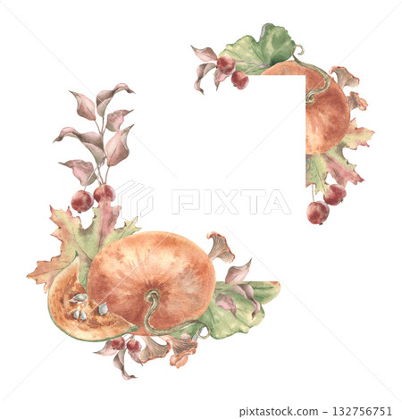 Vintage autumn flora square frame with soft orange pumpkins whole and pieces hand painted. Delicate watercolor harvest with muted leaves and crabapples branches isolated. Frame for fall stationery. 132756751