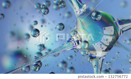 Futuristic glass neuron structure with floating transparent drops Futuristic glass neuron structure with floating transparent drops 132756772