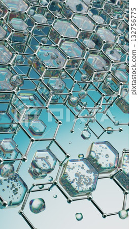 Futuristic Molecular Structure with Transparent Hexagons and Liquid Droplets Futuristic Molecular Structure with Transparent Hexagons and Liquid Droplets 132756775