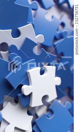 Blue and white puzzle pieces close-up in 3D abstract background Blue and white puzzle pieces close-up in 3D abstract background 132756781