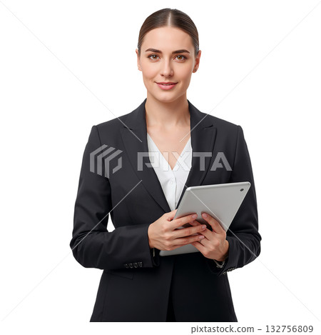 Business Woman Holding a Tablet While Dressed in a Professional Suit Against a White Background Business Woman Holding a Tablet While Dressed in a Professional Suit Against a White Background 132756809