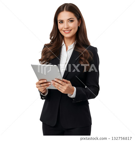 Business Woman Holding a Tablet While Dressed in a Professional Suit Against a White Background Business Woman Holding a Tablet While Dressed in a Professional Suit Against a White Background 132756817