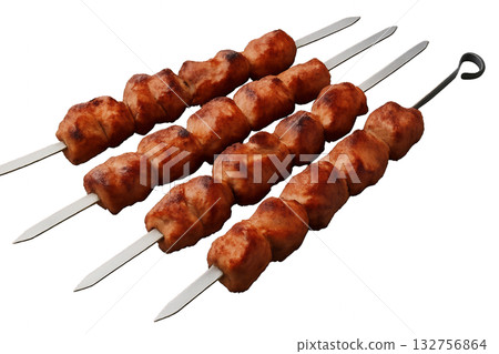 Grilled Meat Skewers Cooking Over a Barbecue With Charred Edges and Juicy Texture 132756864