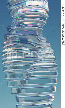 Abstract Transparent Glass Rings with Iridescent Reflections on Blue Background Abstract Transparent Glass Rings with Iridescent Reflections on Blue Background 132756915