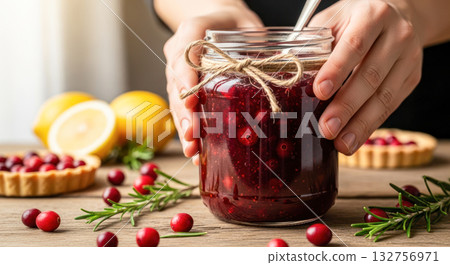 Hands holding homemade cranberry jam in a glass jar, surrounded by fresh berries and lemon slices, showcasing culinary creativity and freshness 132756971