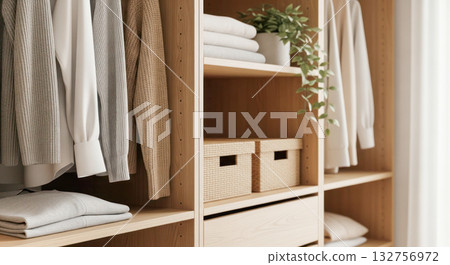 Organized wooden shelving unit displaying neatly folded clothes and storage baskets, creating a serene and tidy home environment with natural elements 132756972