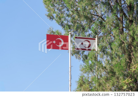 Turkish and Northern Cyprus flags at Green Line, Nicosia. Turkish and Northern Cyprus flags at Green Line, Nicosia. 132757023