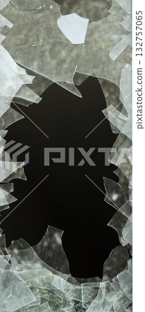 Kyiv, Ukraine, October 13, 2025: Broken window glass of a high-rise building 132757065