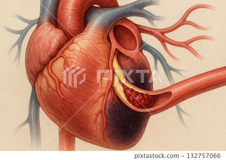 Concerning medical illustration of human heart with blocked coronary artery. This cardiovascular anatomy shows plaque buildup, blood clot, and cardiac ischemia from disease 132757066