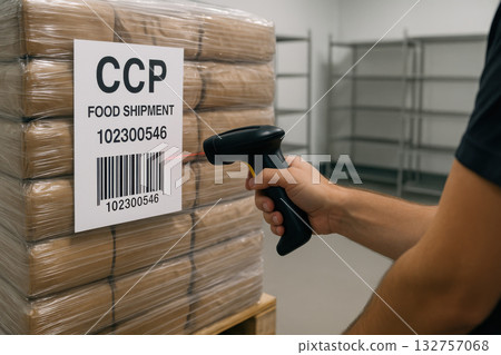 Focused worker hand using scanner on barcode for food shipment pallet inside warehouse. This controlled workflow for logistics and inventory management shows supply chain process 132757068