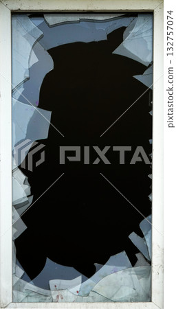Kyiv, Ukraine, October 13, 2025: Broken window glass of a high-rise building 132757074