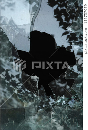 Kyiv, Ukraine, October 13, 2025: Broken window glass of a high-rise building 132757079