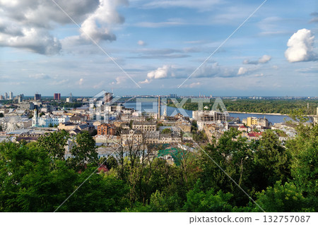 Kyiv, Ukraine, July 14, 2025: Podil District of Kyiv, aerial view 132757087