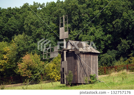 Kyiv, Ukraine, September 1, 2025: Ancient mills in the open-air museum of folk architecture and everyday life of Ukraine Kyiv, Ukraine, September 1, 2025: Ancient mills in the open-air museum of folk architecture and everyday life of Ukraine 132757176