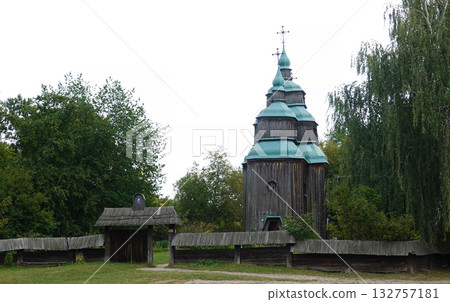 Kyiv, Ukraine, September 1, 2025: The wooden Church of St. Nicholas in the Pirogovo Museum in Kyiv 132757181