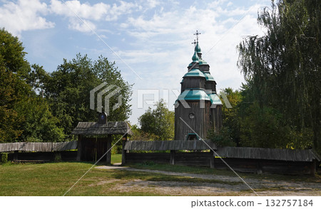 Kyiv, Ukraine, September 1, 2025: The wooden Church of St. Nicholas in the Pirogovo Museum in Kyiv 132757184