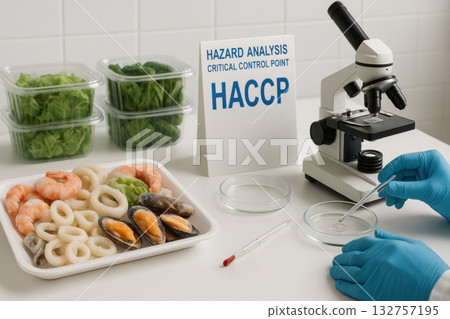 Serious laboratory food safety inspection with microscope for haccp certification. Analysis of seafood and vegetable product ensures quality control and consumer protection 132757195