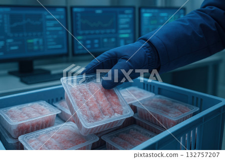Serious food scientist in modern laboratory inspects packaged raw meat following strict haccp quality control guidelines. Food production safety analysis technology in background 132757207