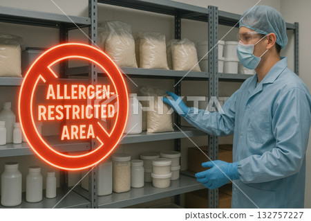 Diligent worker managing food inventory in factory warehouse allergen restricted area, carefully applying haccp safety protocols for quality control and prevention 132757227