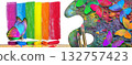 Colors of rainbow. Colorful morpho butterflies, artist's palette, pastel crayons and brushes. art 132757423