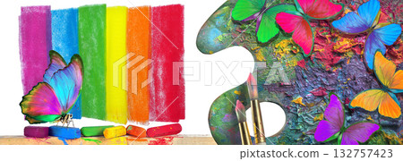 Colors of rainbow. Colorful morpho butterflies, artist's palette, pastel crayons and brushes. art Colors of rainbow. Colorful morpho butterflies, artist's palette, pastel crayons and brushes. art 132757423