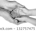 hands of mom and baby on white. mother's day card. black and white 132757475