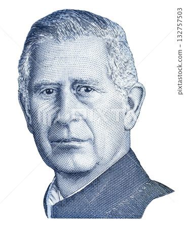 England King Charles III  Portrait from English five pounds sterling banknot 132757503