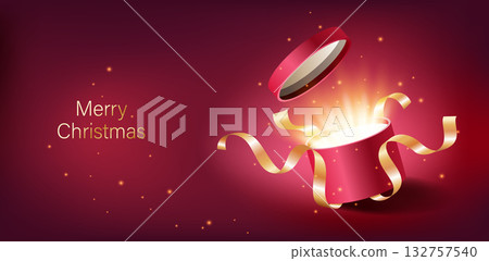 Red opened 3d realistic gift box with magical shining glow and golden ribbons flying off cover, place for your text vector illustration. 132757540