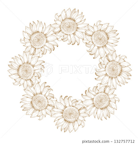Wreath of sunflowers. Vector ink styled handmade illustration. For packaging design, cards, cover, prints, product labels and fabric. Wreath of sunflowers. Vector ink styled handmade illustration. For packaging design, cards, cover, prints, product labels and fabric. 132757712