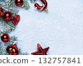 Christmas Border with Red Ornaments and Fir Branches 132757841