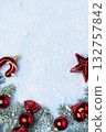 Christmas Border with Red Ornaments and Fir Branches 132757842