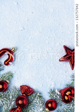 Christmas Border with Red Ornaments and Fir Branches Christmas Border with Red Ornaments and Fir Branches 132757842