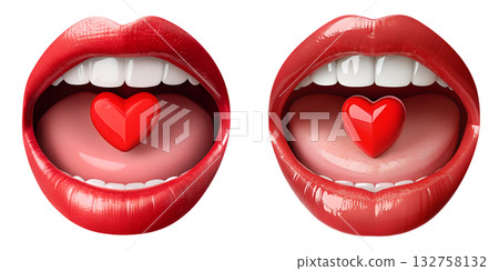 Single red heart-shaped candy isolated at the entrance of open mouth, concept for valentine's day, sweet taste, love, dental health Single red heart-shaped candy isolated at the entrance of open mouth, concept for valentine's day, sweet taste, love, dental health 132758132