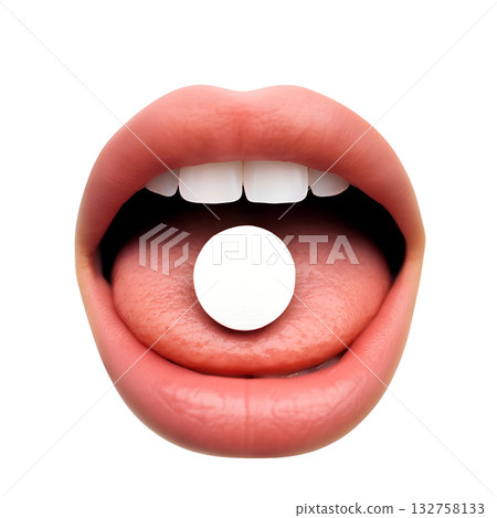 Round white pill placed at the entrance of isolated mouth, symbolizing medication, treatment, pharmaceutical concepts on transparent background Round white pill placed at the entrance of isolated mouth, symbolizing medication, treatment, pharmaceutical concepts on transparent background 132758133