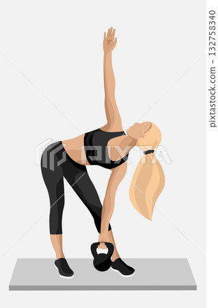 A woman performs a stretching exercise with a kettlebell, showcasing her fitness routine and dedication to health in a sleek workout environment. 132758340