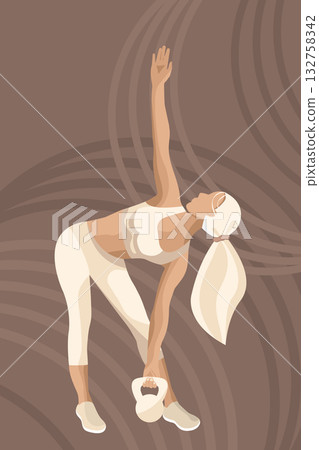 A faceless fitness woman performs a side stretch while holding a kettlebell. She is dressed in light workout clothes against a muted background. A faceless fitness woman performs a side stretch while holding a kettlebell. She is dressed in light workout clothes against a muted background. 132758342