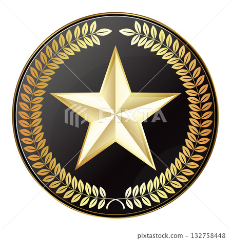 Gold five-pointed star in a black circle with a laurel wreath 132758448