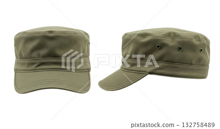 Green military cap mockup in front and side views a classic army style headwear template Green military cap mockup in front and side views a classic army style headwear template 132758489