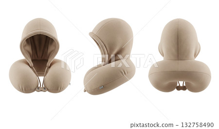 Beige hooded travel neck pillow in three views for comfortable airplane and car journeys 132758490