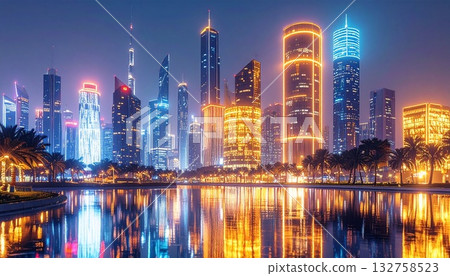 夜景：大海和摩天大樓 132758523