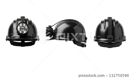 Black miner hard hat helmet with headlamp shown in three views for construction safety 132758590